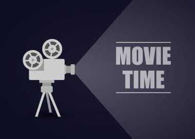 Retro Film projektör mavi bir arka plan üzerinde. Düz vektör çizim