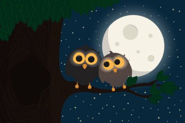 İki sevimli baykuşlar şube ayın altında oturup. Vektör çizim