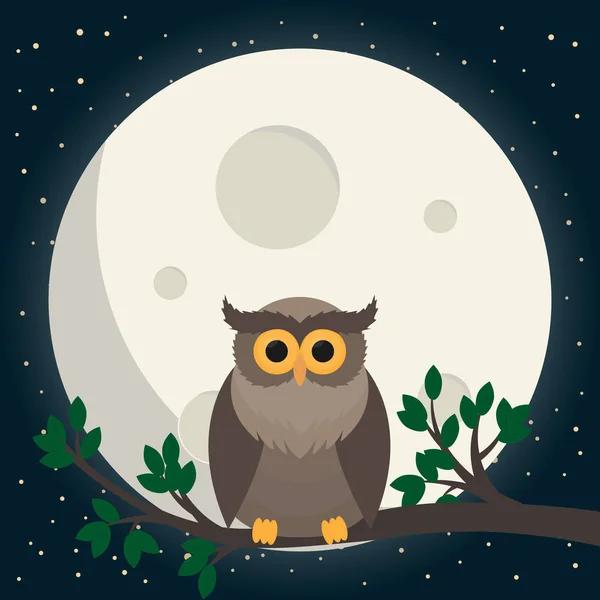 Cute Owl Sit Branch Moon Vector Illustration — Stock Vector