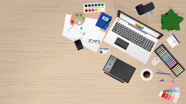 Ahşap masa vektör çizim Workplacw laptop