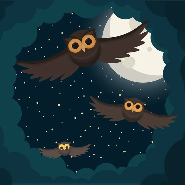 Los Búhos Vuelan Las Nubes Bajo Luna Ilustración Vectorial — Vector de stock