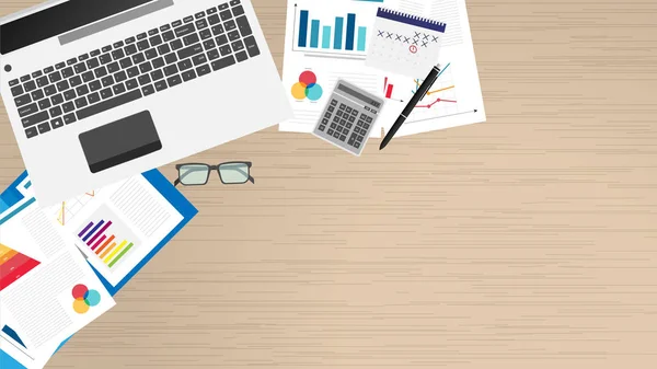 Üstten görünüm office iş yeri, büro malzemeleri, defter. Grafikler, belgeler vektör çizim