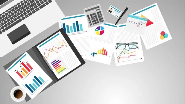 Üstten görünüm office iş yeri, büro malzemeleri, defter. Grafikler, belgeler vektör çizim