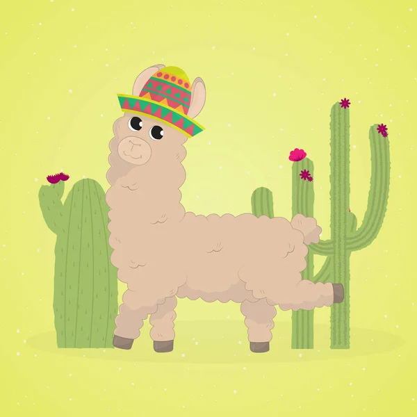 Llama Dibujos Animados Lindo Lama Alpaca Tarjeta Sobre Fondo Colorido — Archivo Imágenes Vectoriales