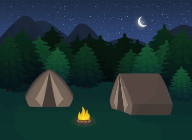 Güneşli manzara illüstrasyon, kamp ateşi, dağlar, orman ve su. Kamp ya da tasarım konsepti hiking yaz kampı, doğa turizmi için arka plan.