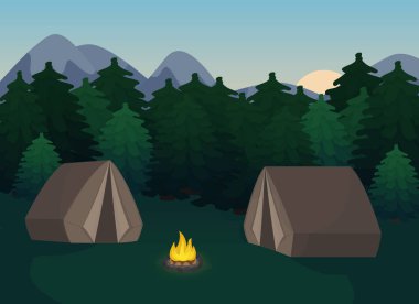 Güneşli manzara, kamp ateşi, dağlar, orman ve su. Kamp ya da tasarım konsepti hiking yaz kampı, doğa turizmi için arka plan.