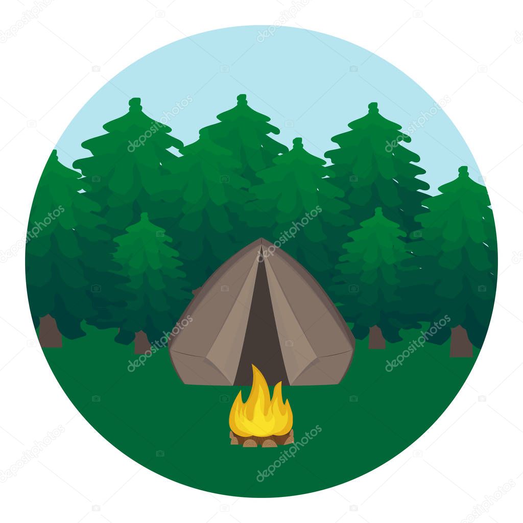 Sunny day landscape, campfire, mountains, forest and water. Background for summer camp, nature tourism, camping or hiking design concept.