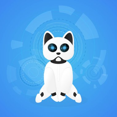 Robot kedi. Otomatik olarak çalışan etkileşimli bilgisayar oyuncak evde beslenen hayvan hayvan makineleri. Vektör düz stil çizgi film illüstrasyon izole beyaz arka plan üzerinde