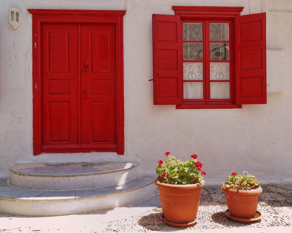Casa Entrata Vasi Fiori Isola Mykonos Grecia — Foto Stock