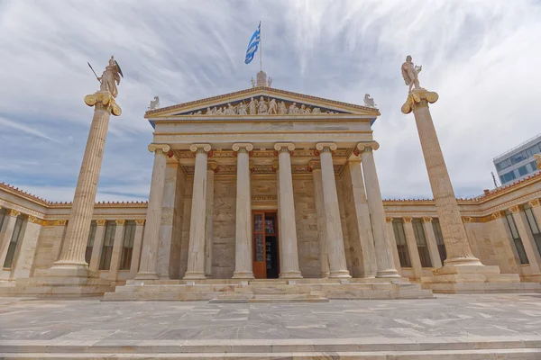 Atenas Grecia Edificio Neoclásico Academia Nacional Con Las Estatuas Atenea — Foto de Stock
