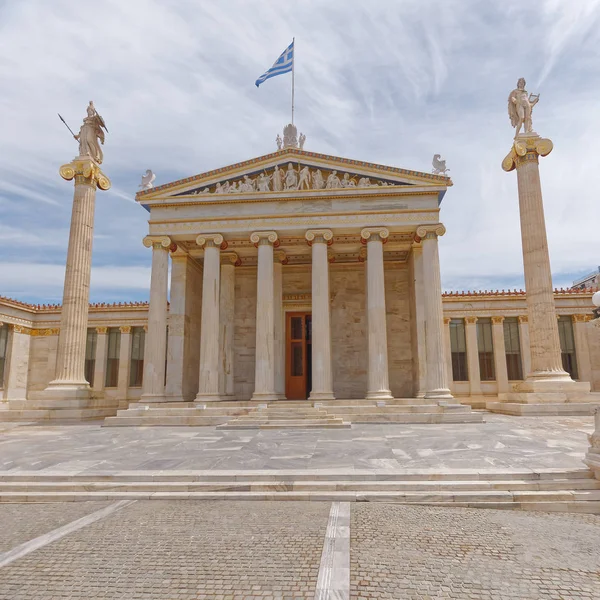 Atenas Grecia Edificio Neoclásico Academia Nacional Con Las Estatuas Atenea — Foto de Stock