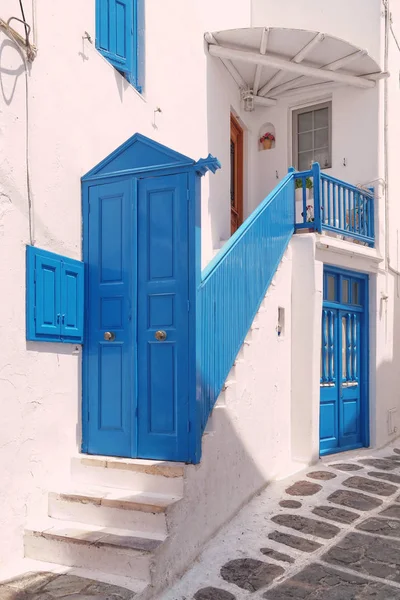 Blau Weißer Hauseingang Insel Mykonos Griechenland — Stockfoto
