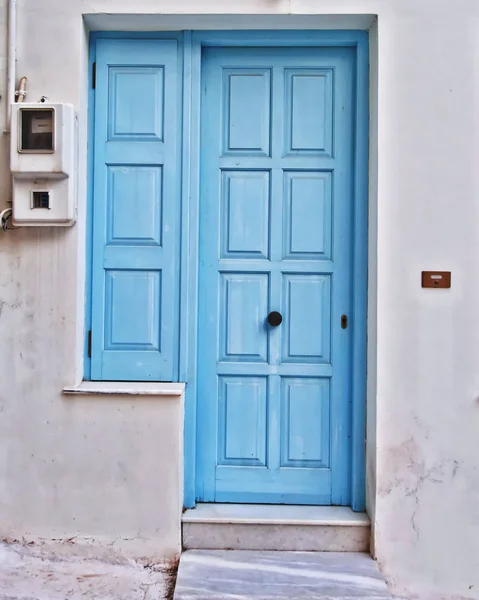 Griechenland Blauweiße Haustür Und Fenster — Stockfoto