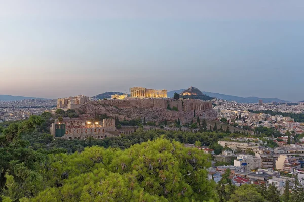 Atene Grecia Partenone Acropoli Vista Panoramica Crepuscolo — Foto Stock