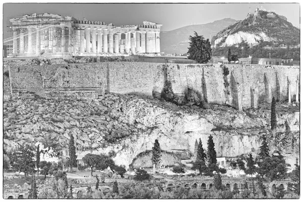 Atenas Grecia Partenón Acrópolis Colina Lycabetus Arte Fino Blanco Negro —  Fotos de Stock