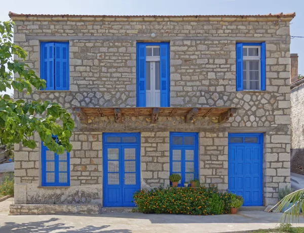 Greek Island Old Stone House Blue Doors Windows — Stock Photo, Image