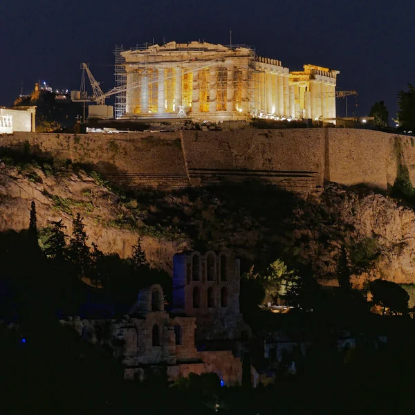 Ateny Grecja Partenon Malownicze Noc Widokiem Akropol — Zdjęcie stockowe
