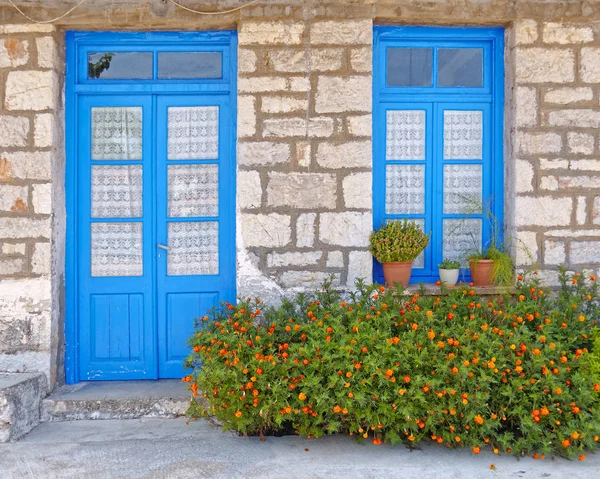 Greece Marigold Flowers Front Blue Door Window Stone Wall House — Stock Photo, Image