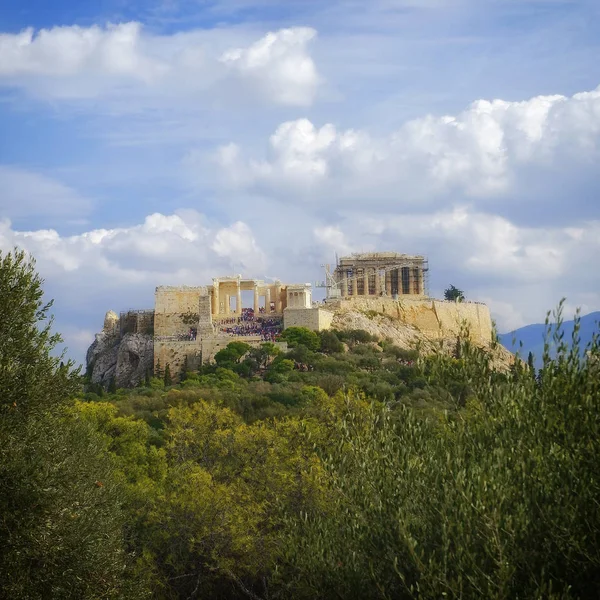 Görögország Athén Akropolisza Kék Felhős Kilátás Pnyx Hegyről — Stock Fotó