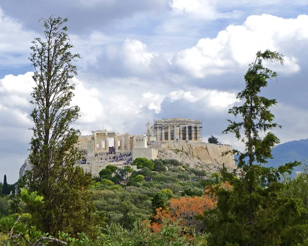 Acrópole Atenas Grécia Sob Céu Nublado Azul Vista Colina Pnyx Fotos De Bancos De Imagens