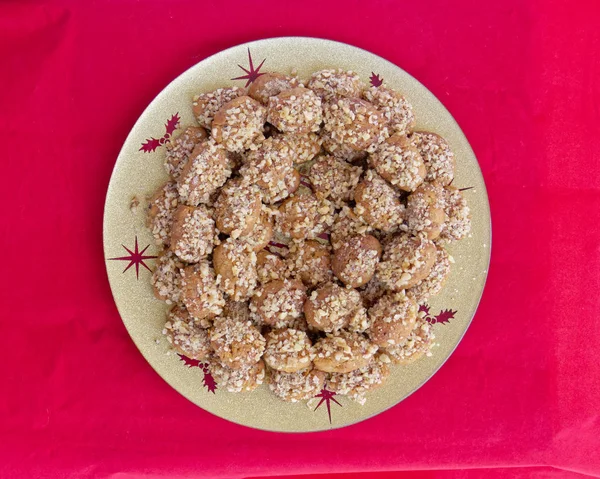 Melomacarona Biscotti Tradizionali Greci Natale Sfondo Rosso — Foto Stock