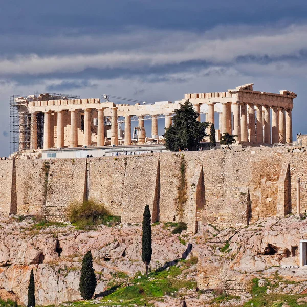 Partenone Antico Tempio Sotto Impressionante Cielo Nuvoloso Atene Grecia — Foto Stock