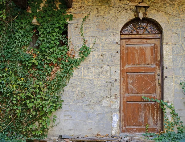 Porta Arqueada Marrom Vintage Parede Pedra Folhagem Hera — Fotografia de Stock