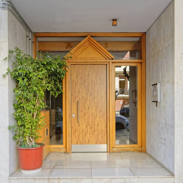 Greece Athens Downtown Elegant Condominium Entrance Wooden Door — стоковое фото