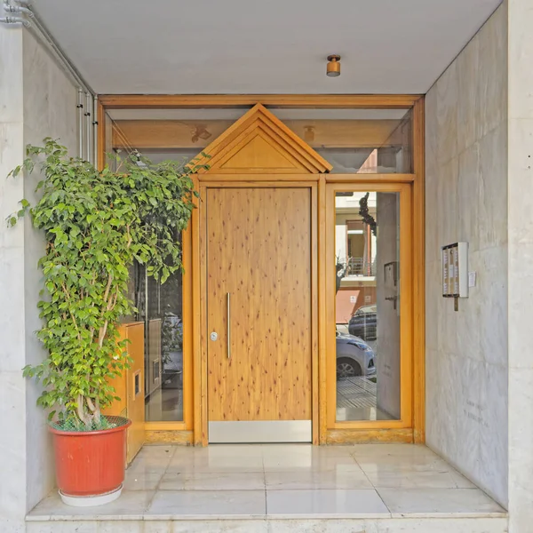 Greece Athens Downtown Elegant Condominium Entrance Wooden Door Stock Image