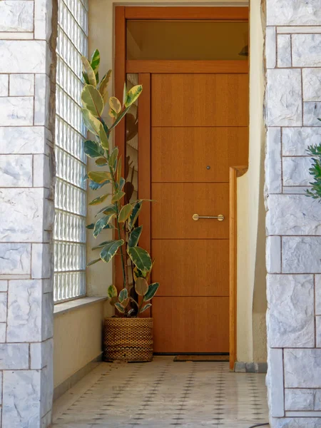 Elegante Entrada Casa Com Tijolos Vidro Porta Madeira Sólida — Fotografia de Stock