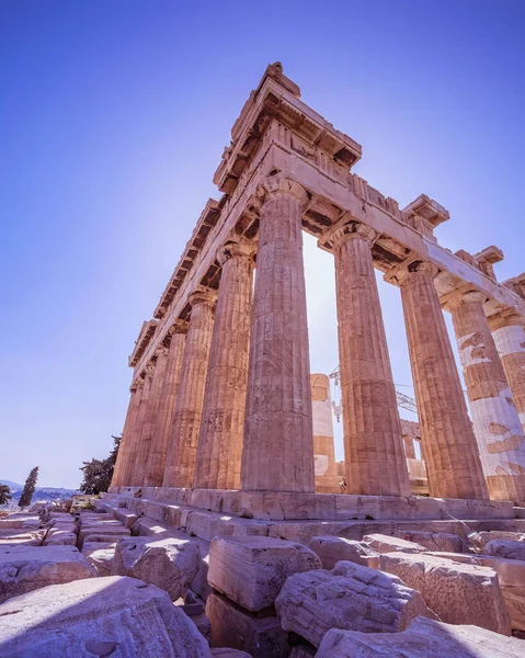 Acropolis Heuvel Athene Griekenland Parthenon Oude Tempel Extreme Perspectief Onder — Stockfoto