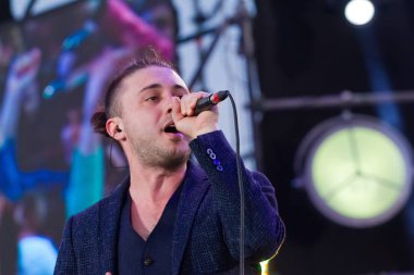 Taras Topolia, solist ve solisti Ukraynalı pop-rock grubu Antytila, RoHS Çeşme açılış töreni, Vinnitsa, Ukrayna, 21.04.2018, editoryal fotoğraf