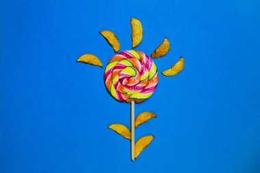 Dilimleri kurutulmuş ayva ve büyük parlak şeker, sarmal, formu, şeritli renk, tatlı lezzetli Aperatif, sevimli parlak kompozisyon izole mavi arka plan üzerinde girdap, düz fotoğraf, Eko gıda kavramı yatıyordu