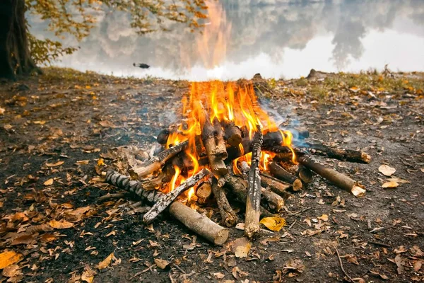 bonfire in forest on the bank of lake, with orange flames ready for barbecue and grill, cold autumn evening