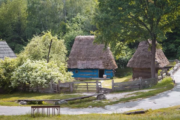 Traditionele Oekraïens Oud Houten Huis Met Rieten Dak Pastorale Lente — Stockfoto