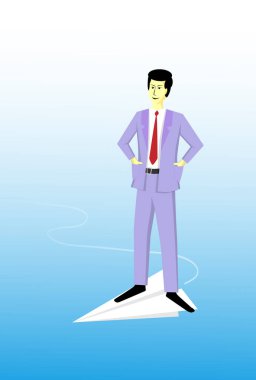 Kağıt tanuçakla uçan işadamı. Serbest çalışan ve iş arayan. Kariyer başarısı ve başarı kavramı. Kolaylık, huzur, başlangıç ve kişisel gelişim fikri. Düz çizgi film tarzında vektör illüstrasyon