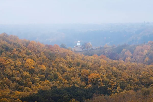 Hegyek Borított Csodálatos Hegyi Erdő Zöld Sárga Narancssárga Őszi Levelek — Stock Fotó