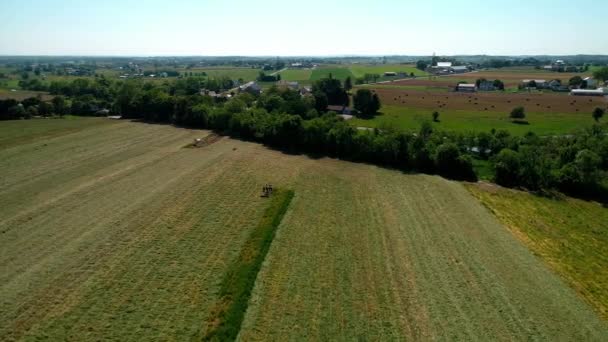 Amish Farm Worker Zbiorów Pól Starego Nowego Sprzętu Widziane Przez — Wideo stockowe