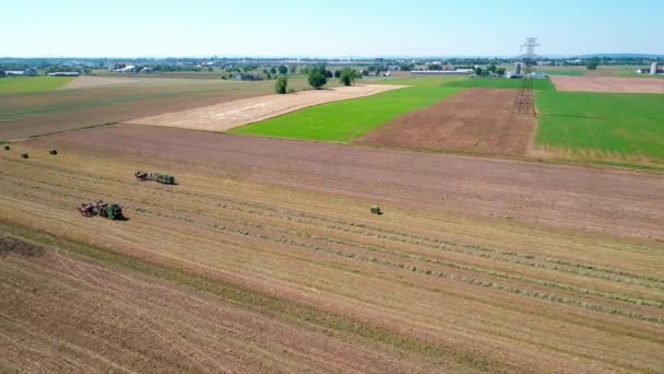 Amish Farm Worker Zbiorów Pól Starego Nowego Sprzętu Widziane Przez — Wideo stockowe