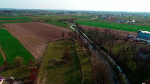 Amish Farm Worker Zbiorów Pól Starego Nowego Sprzętu Widziane Przez — Wideo stockowe