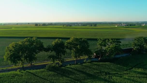 无人机看到的晚晒初热的夏季 蒸汽列车在阿米什农场的土地和乡村经过 — 图库视频影像