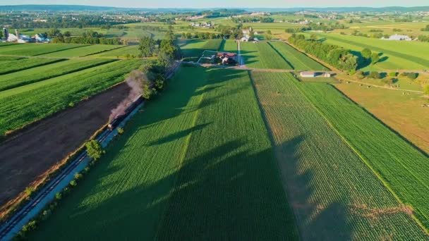 Parní Vlak Procházející Amish Zemědělské Půdy Krajiny Slunečného Letního Dne — Stock video