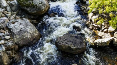 Kayalar ve taşlar beyaz su güneşli bir sonbahar gününde neden aracılığıyla çalışan Creek