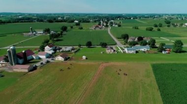 Amish Pazar toplantı kırsal ve Drone tarafından görüldüğü gibi tarım arazileri