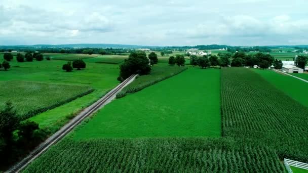 Pociąg Tory Okolicy Amiszów Pola Uprawne Widziane Przez Drone — Wideo stockowe
