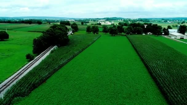 Železniční Tratě Amish Venkově Zemědělské Půdy Viděném Drony — Stock video