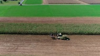 Havadan görünümü Amish çiftçi hasat orada sonbahar güneşli bir sonbahar gününde Seen dron tarafından olarak bitkileri