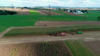 Havadan görünümü Amish çiftçi hasat orada sonbahar güneşli bir sonbahar gününde Seen dron tarafından olarak bitkileri