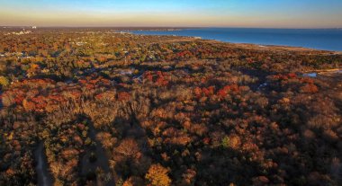 Long Island'da güneşli bir günde bir dron tarafından görüldüğü gibi sonbahar ağaç ve yeşillik havadan görünümü