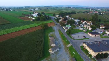 Havadan görünümü kırsal Amish çiftlik at ve adamcağız bir dron aşağıdaki Güz